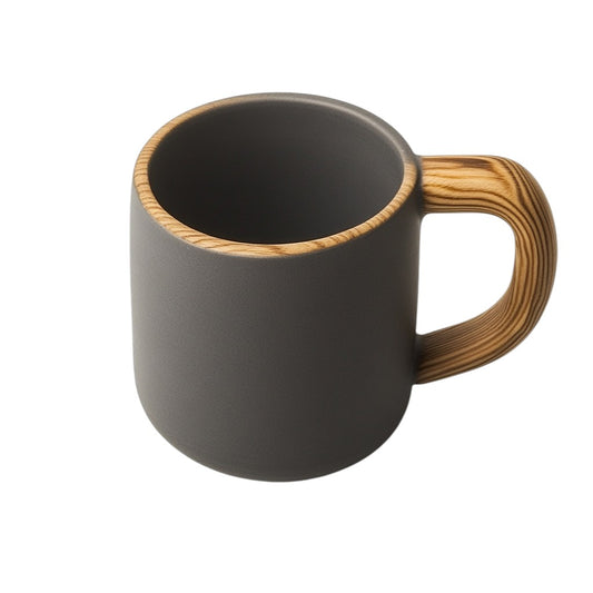 Olvva Nordic Wood-Handle Ceramic Mug - Anti-Scald Oak Grip - 11oz Matte Porcelain - Grey & Wood - Modern Hygge Style