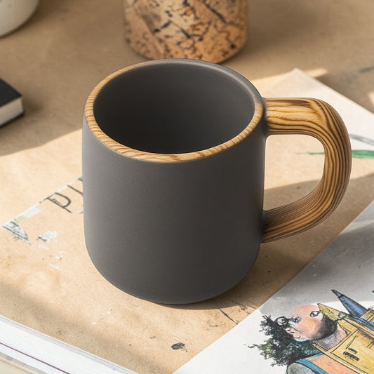 Olvva Nordic Wood-Handle Ceramic Mug - Anti-Scald Oak Grip - 11oz Matte Porcelain - Grey & Wood - Modern Hygge Style