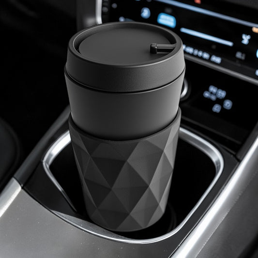 Olvva Modern Geometric Travel Ceramic Cup - 16oz On-the-Go Commuter Cup - Silicone Lid & Sleeve - Midnight Black - Eco-Friendly Coffee Tumbler